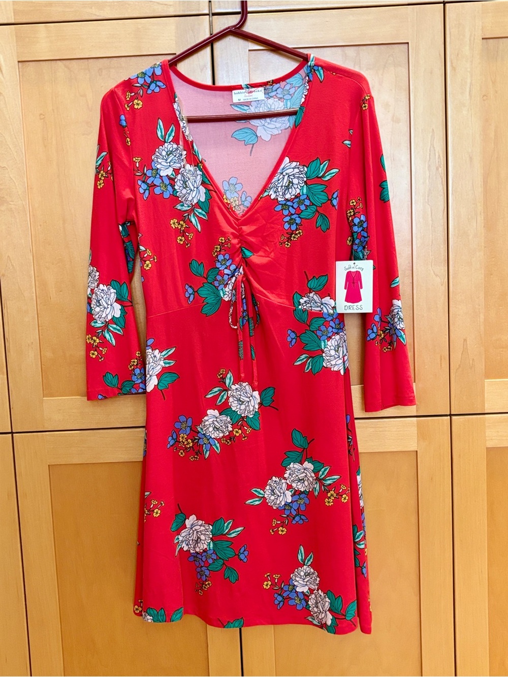 3 for $20 / NWT - Bobbie Brooks Red Floral V-Neck Tie-Front Knee Length Dress